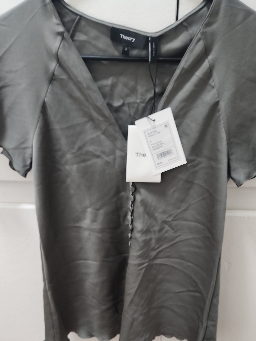 Theory Olive Satin Short Sleeve V-Neck Slip Top
